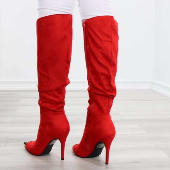 Fancy Pointy Toe Below The Knee Red Boots Suede - Picture 11 of 14